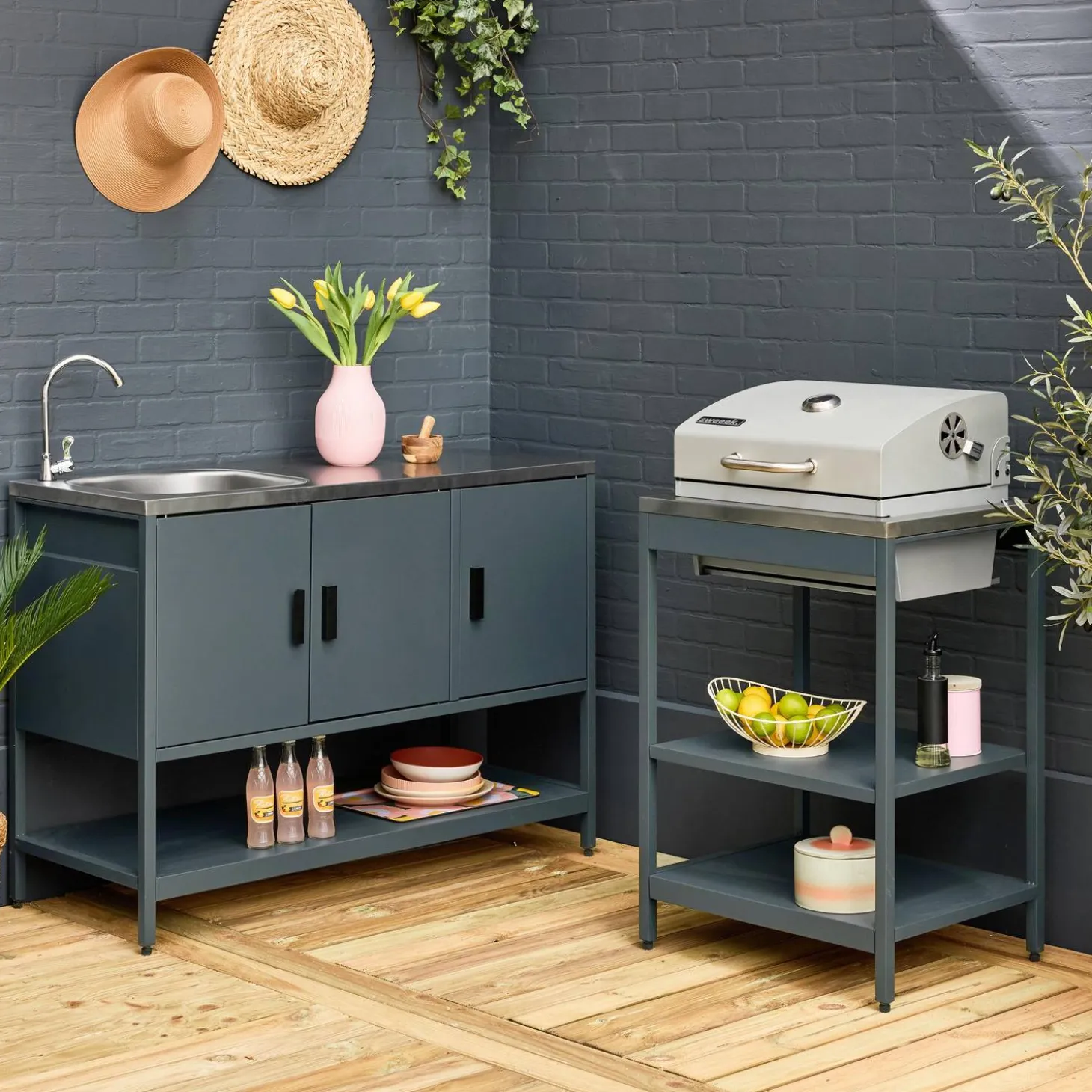 Cocina exterior 2 módulos acero inoxidable barbacoa de carbón con fregadero
