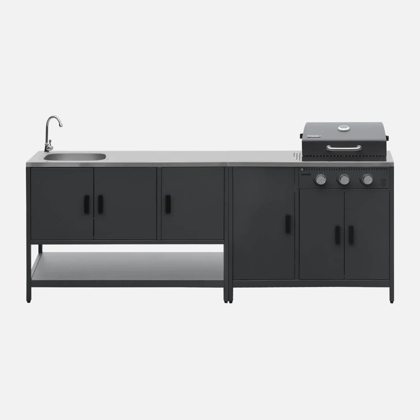 Cocina exterior acero inoxidable barbacoa gas 3 quemadores con fregadero, 2 módulos