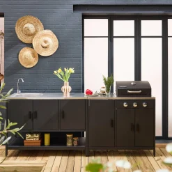Cocina exterior acero inoxidable barbacoa gas 3 quemadores con fregadero, 2 módulos