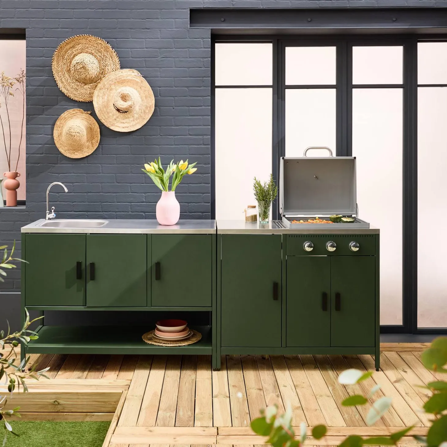 Cocina exterior acero inoxidable barbacoa gas 3 quemadores con fregadero, 2 módulos