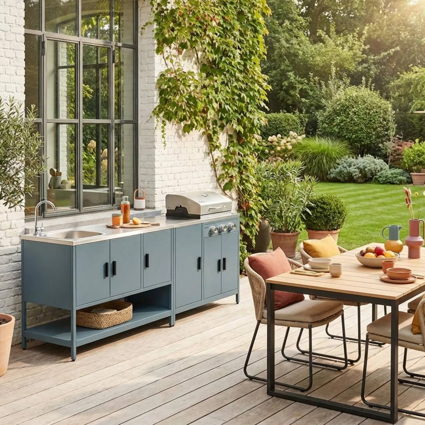 Cocina exterior acero inoxidable barbacoa gas 3 quemadores con fregadero, 2 módulos