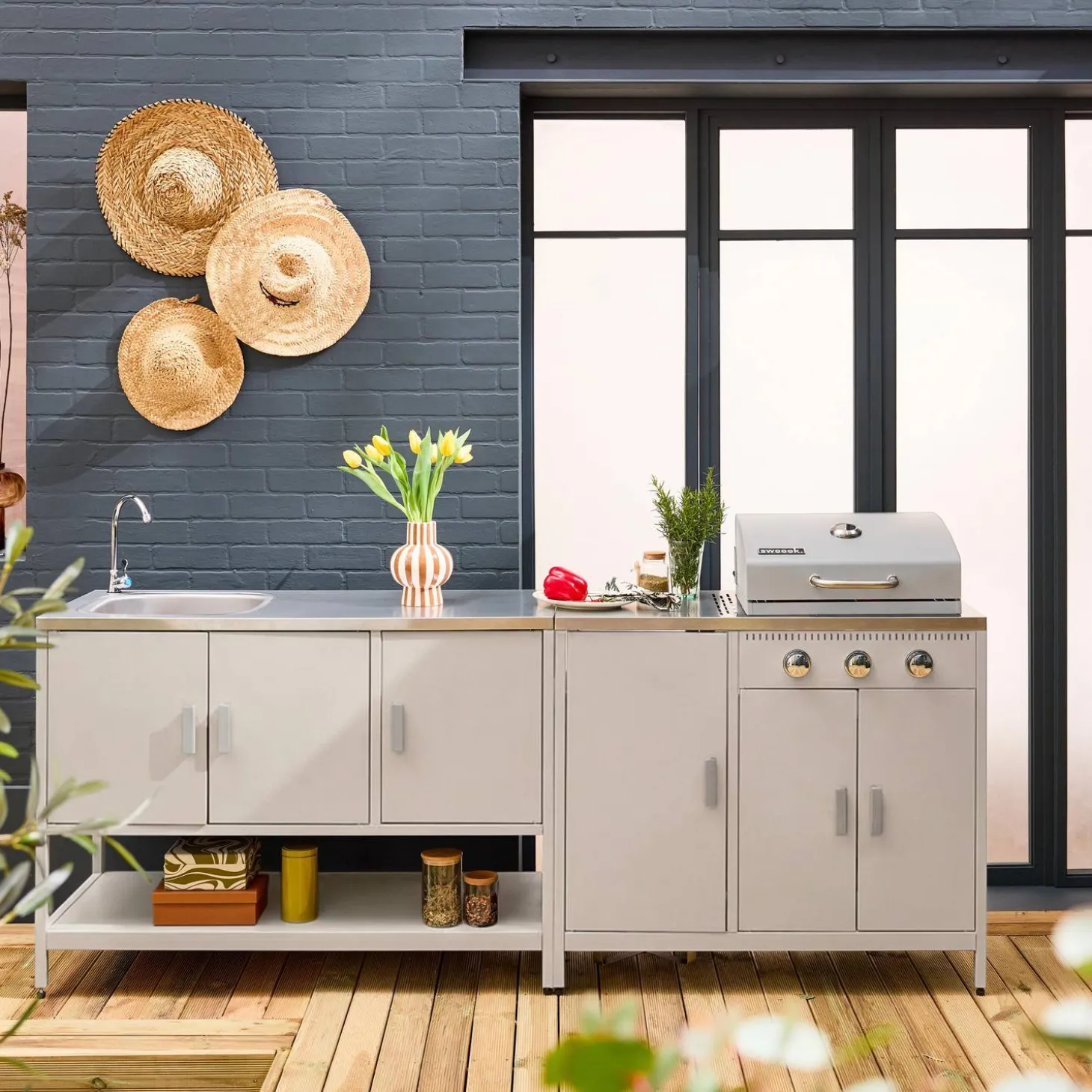 Cocina exterior acero inoxidable barbacoa gas 3 quemadores con fregadero, 2 módulos