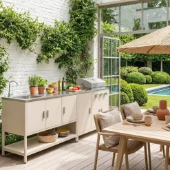 Cocina exterior acero inoxidable barbacoa gas 3 quemadores con fregadero, 2 módulos