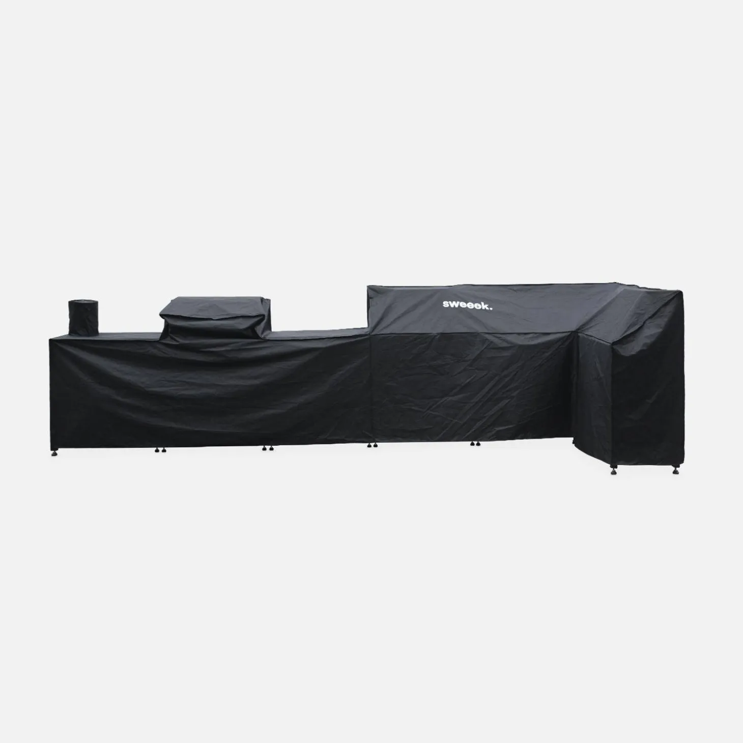 Cocina exterior completa de acero inoxidable con barbacoa con funda