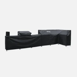 Cocina exterior completa de acero inoxidable con barbacoa con funda