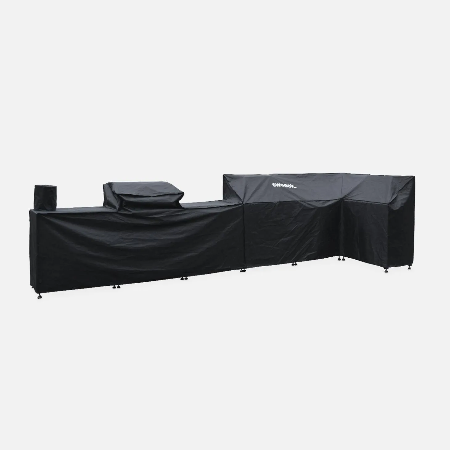 Cocina exterior completa de acero inoxidable con barbacoa con funda