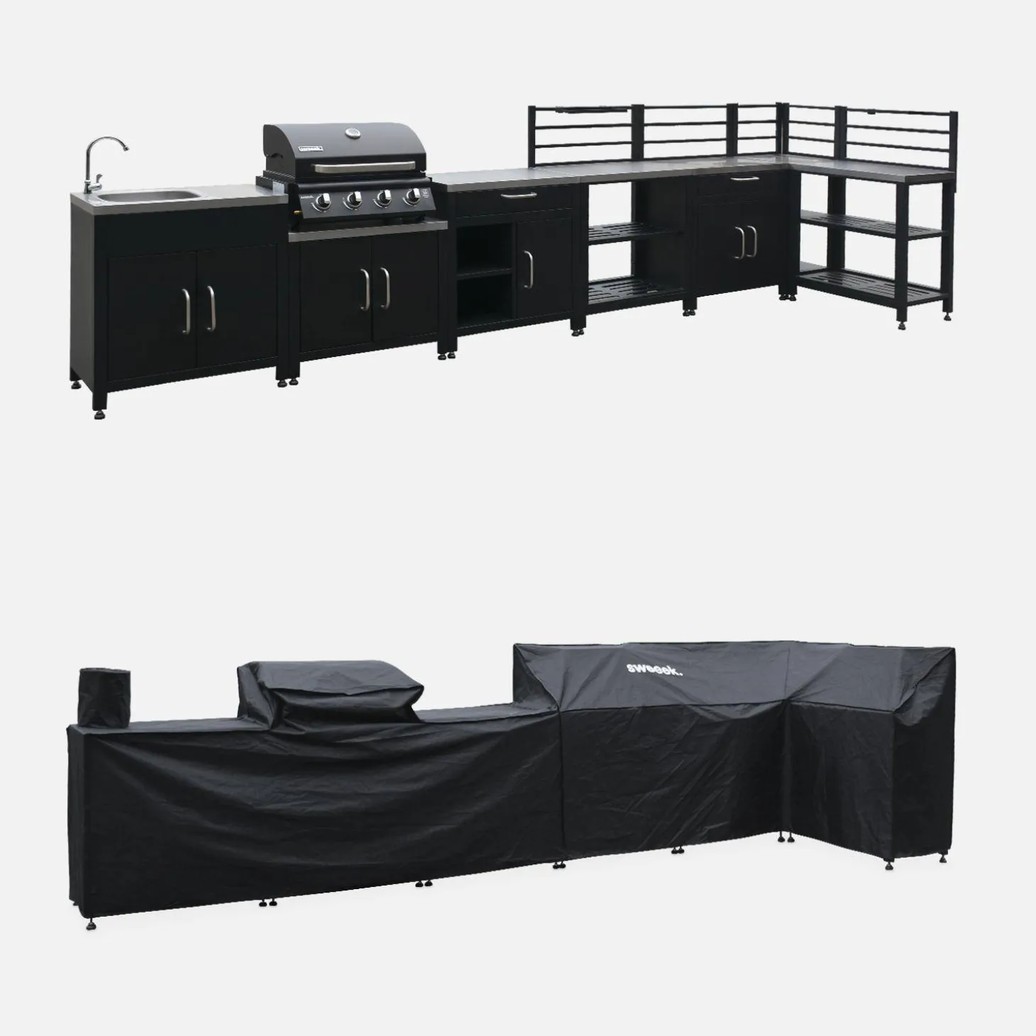 Cocina exterior completa de acero inoxidable con barbacoa con funda