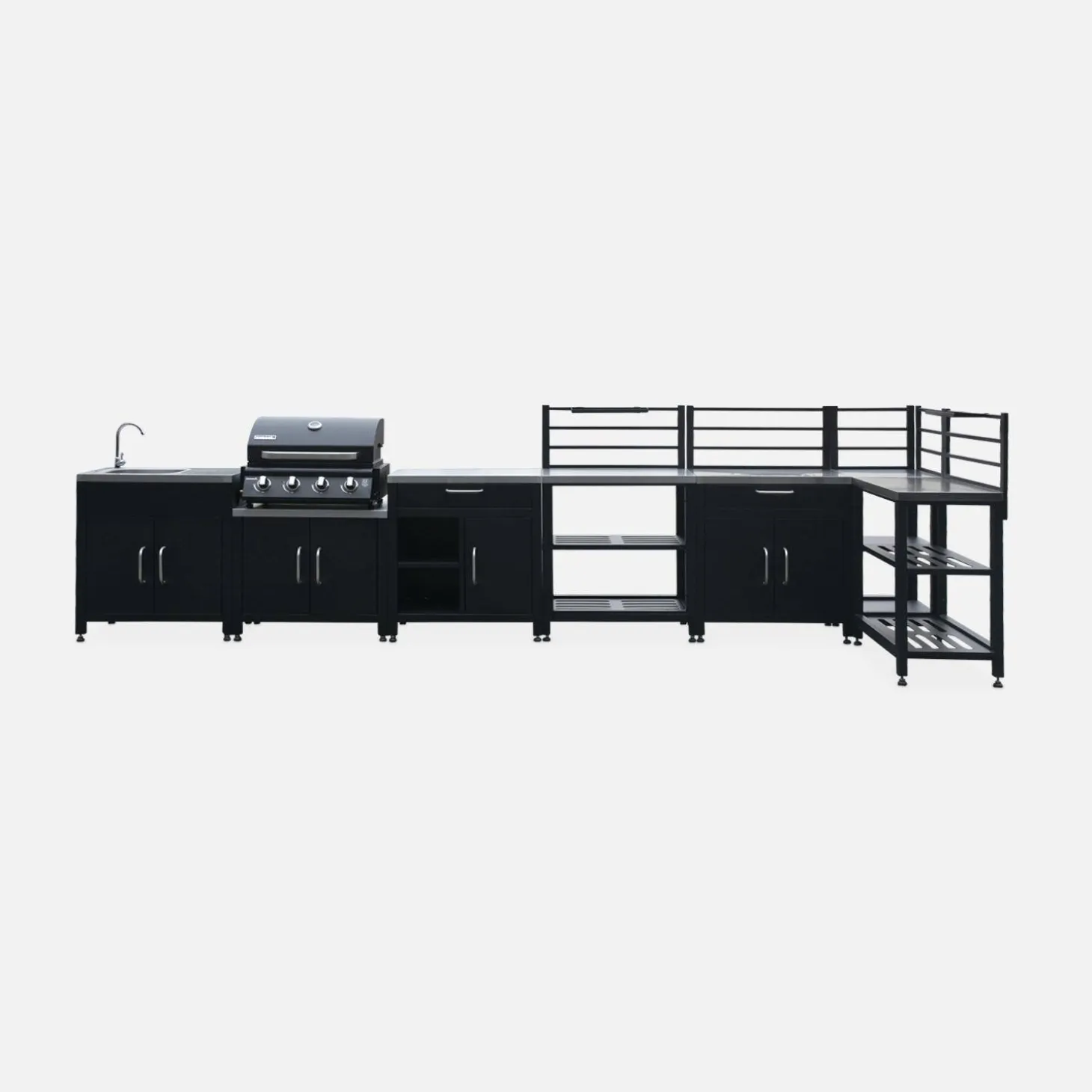 Cocina exterior completa de acero inoxidable con barbacoa con funda