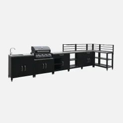 Cocina exterior completa de acero inoxidable con barbacoa con funda