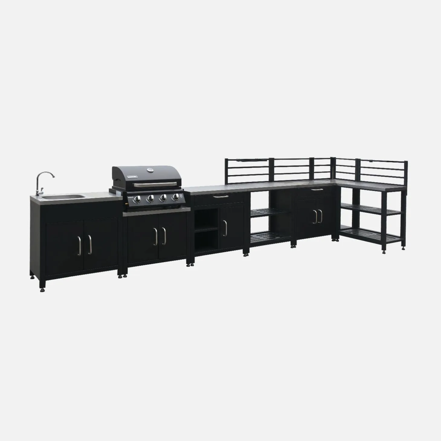 Cocina exterior completa de acero inoxidable con barbacoa con funda
