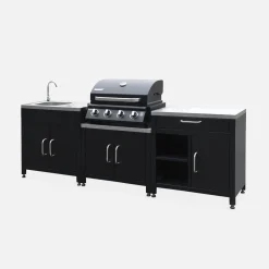 Cocina exterior completa de acero inoxidable con barbacoa con funda