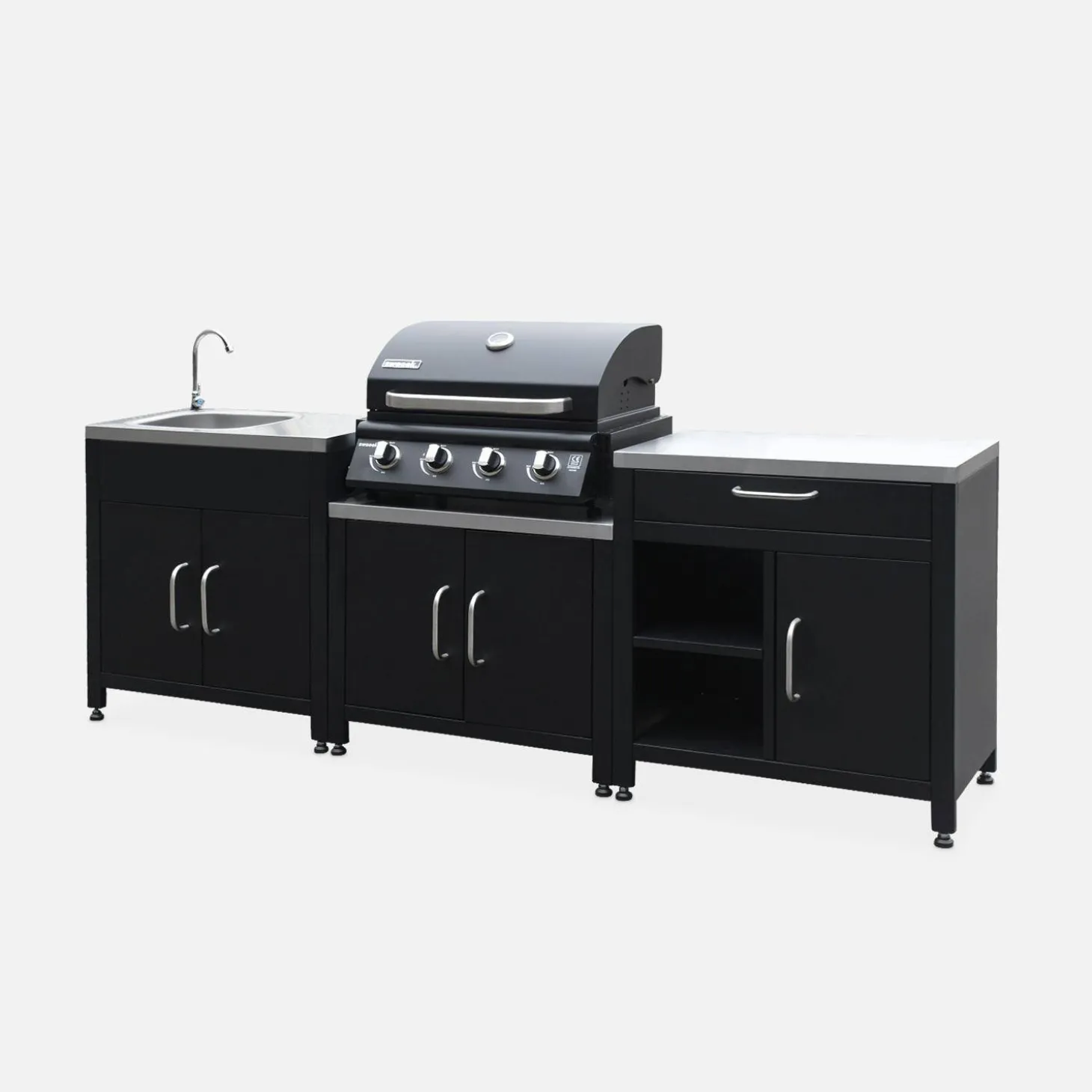 Cocina exterior completa de acero inoxidable con barbacoa con funda