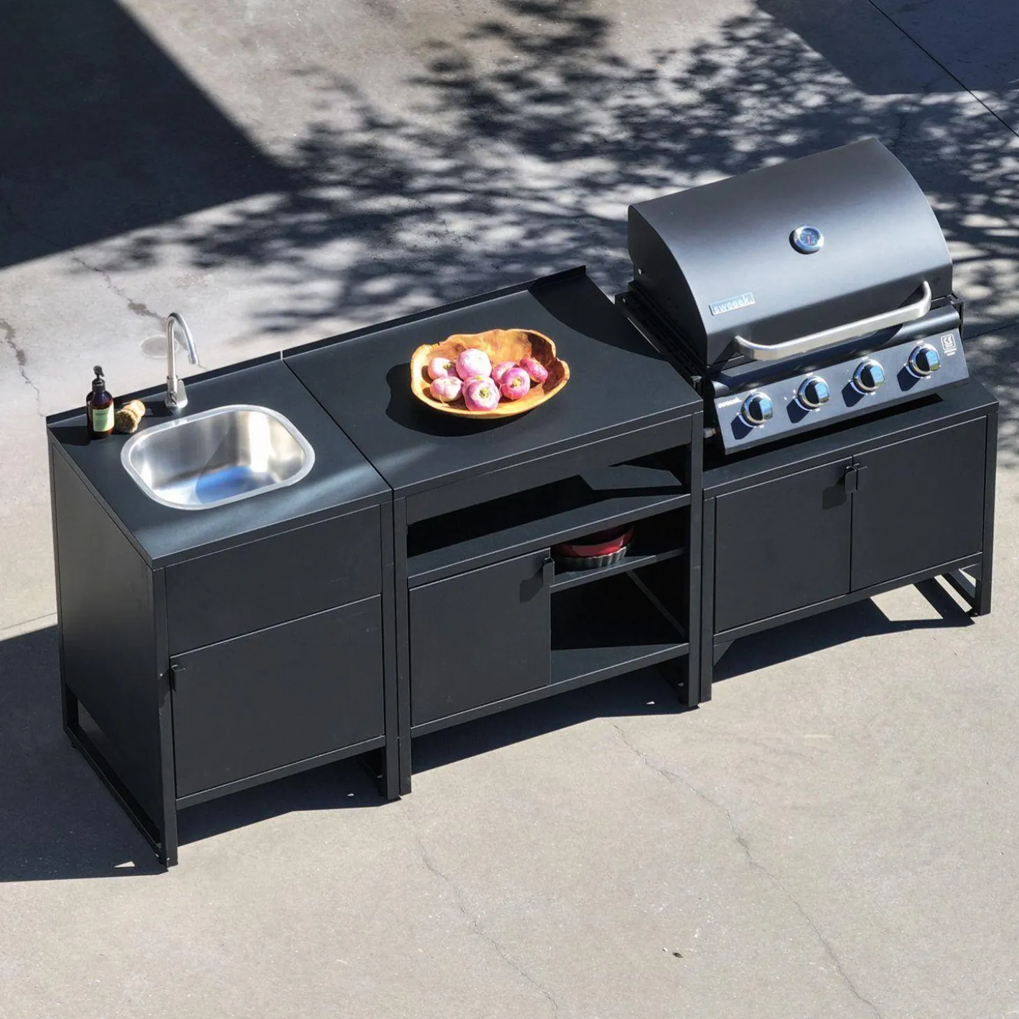 Cocina exterior de 3 módulos de acero inoxidable con barbacoa de gas de 4 quemadores