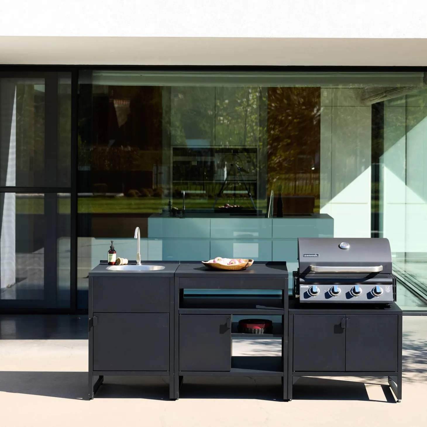Cocina exterior de 3 módulos de acero inoxidable con barbacoa de gas de 4 quemadores