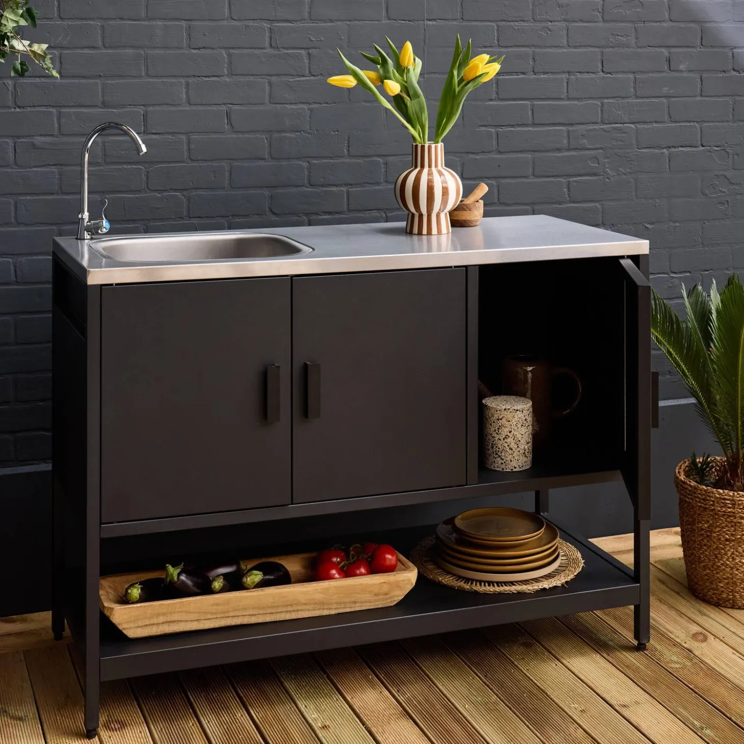 Cocina exterior de acero con lavabo, 120cm