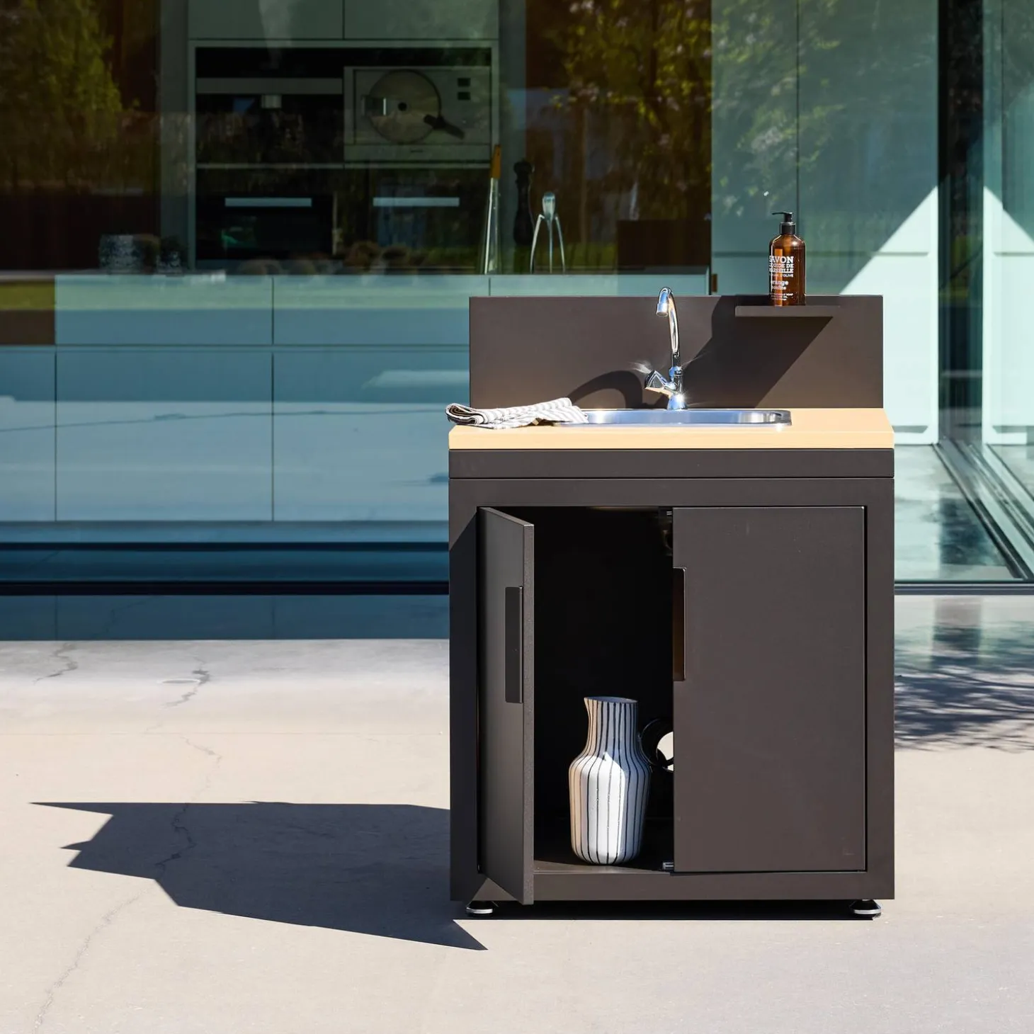 Cocina exterior de acero y decoración de madera 1 fregadero 2 puertas 1 gancho, 80cm