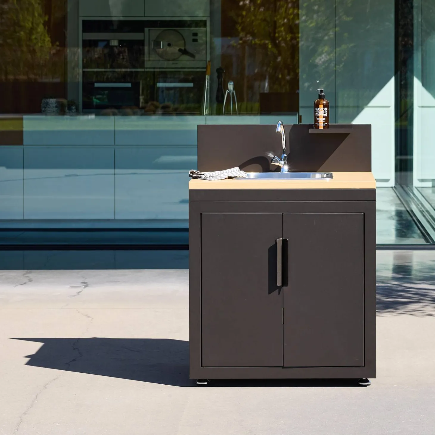 Cocina exterior de acero y decoración de madera 1 fregadero 2 puertas 1 gancho, 80cm