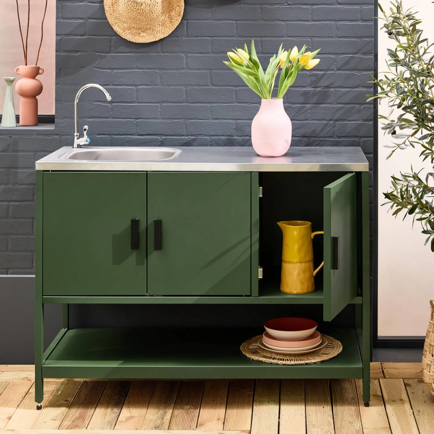 Cocina exterior de acero con lavabo, 120cm
