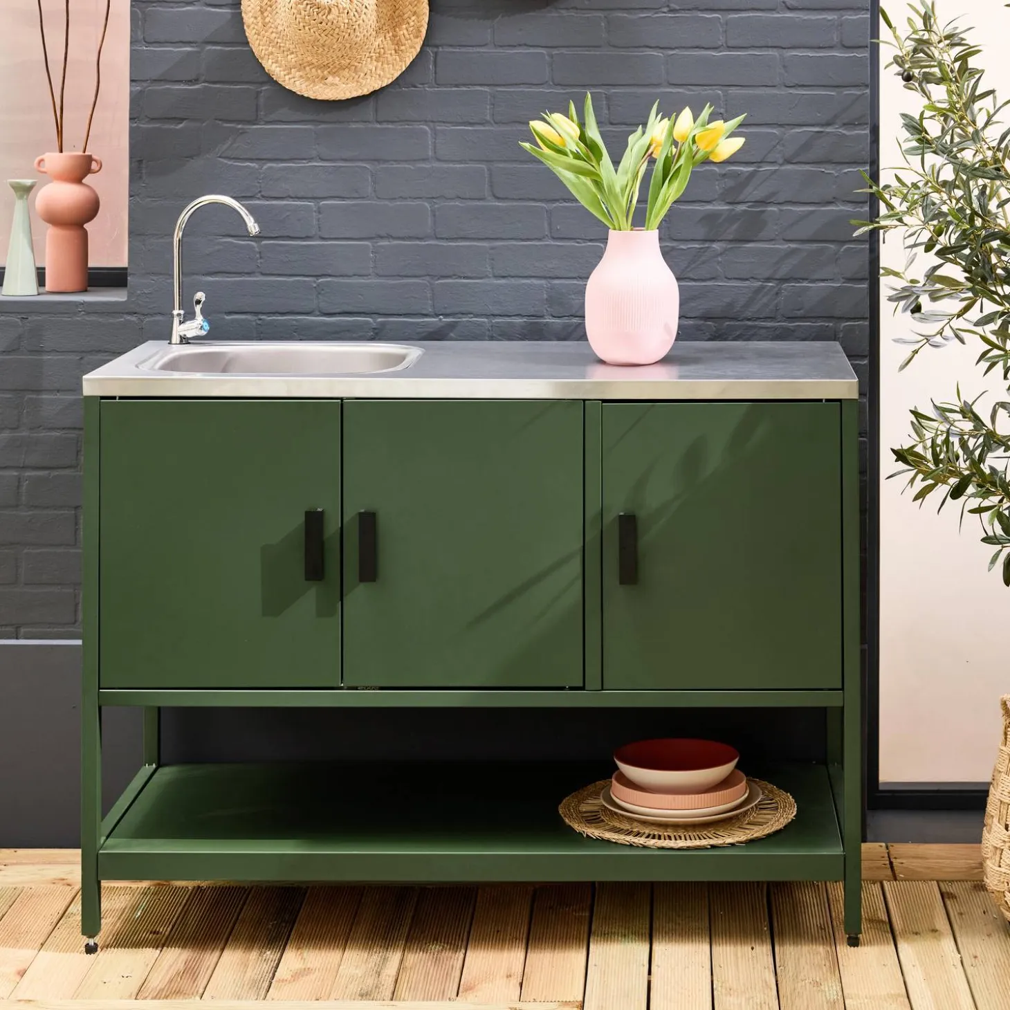 Cocina exterior de acero con lavabo, 120cm