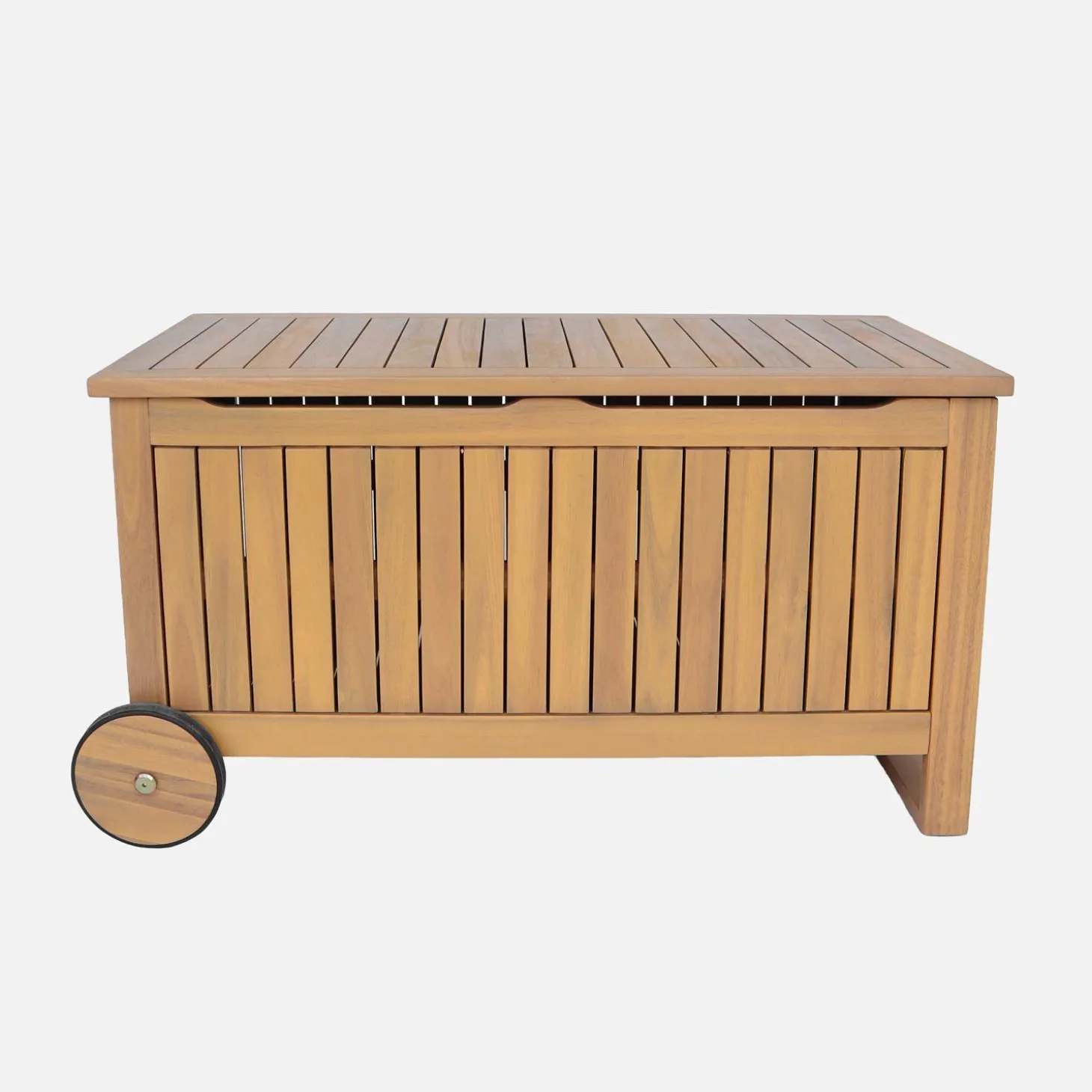 Cofre de jardín de madera de acacia con ruedas, 119L