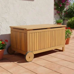 Cofre de jardín de madera de acacia con ruedas, 119L