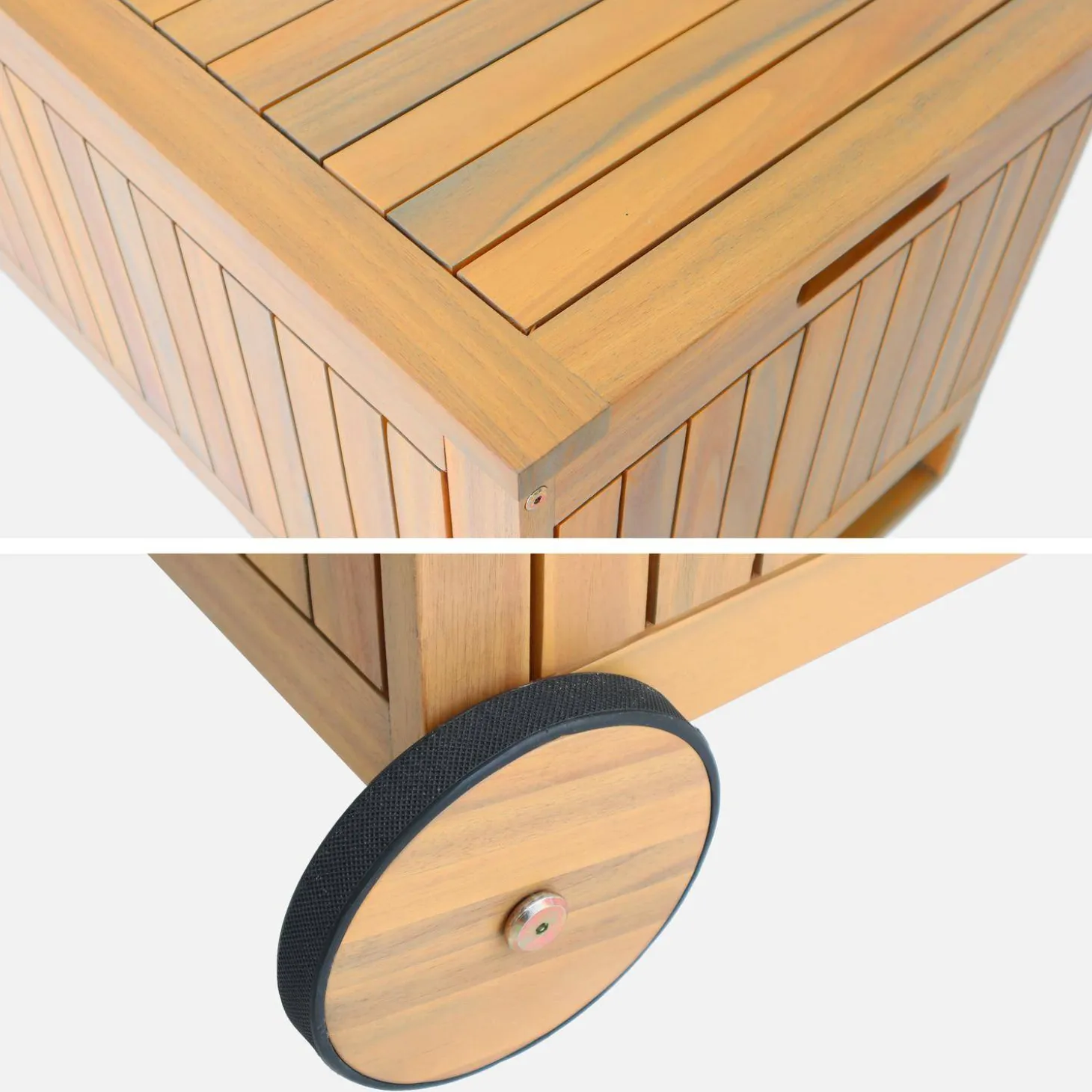 Cofre de jardín de madera de acacia con ruedas, 119L