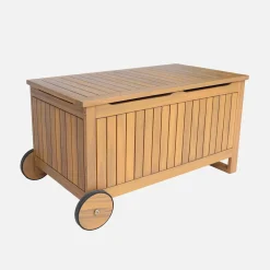 Cofre de jardín de madera de acacia con ruedas, 119L