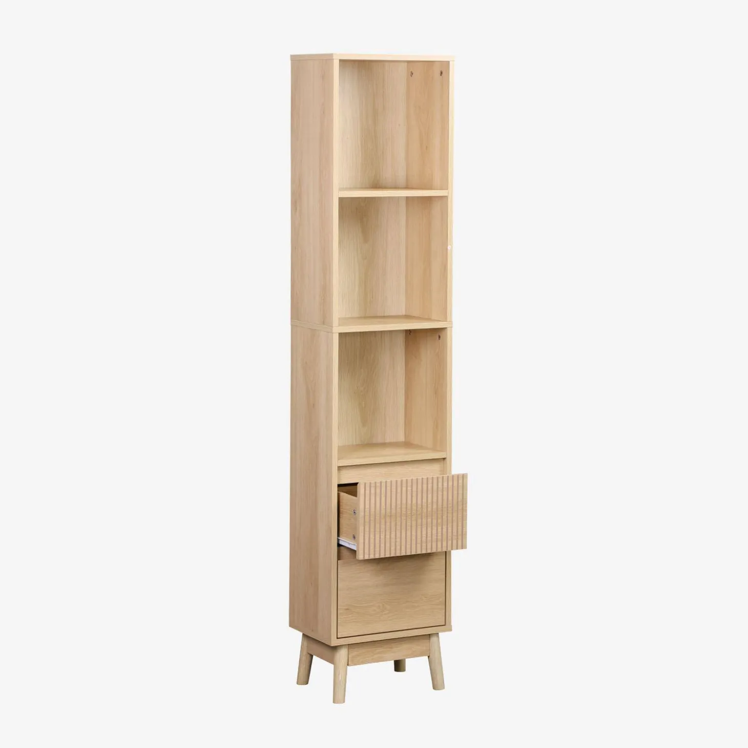 Columna de madera con 3 estantes y 2 cajones