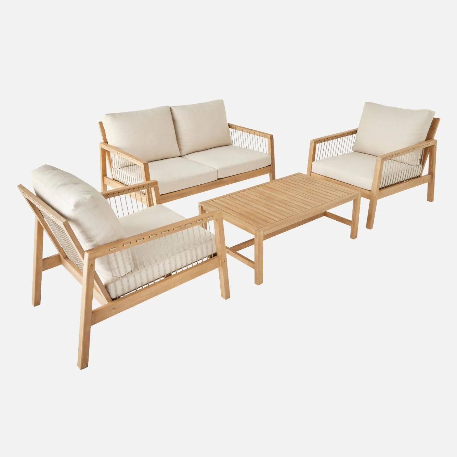 Conjunto de jardín de madera clara y cuerda, 4 plazas