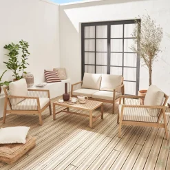 Conjunto de jardín de madera clara y cuerda, 4 plazas
