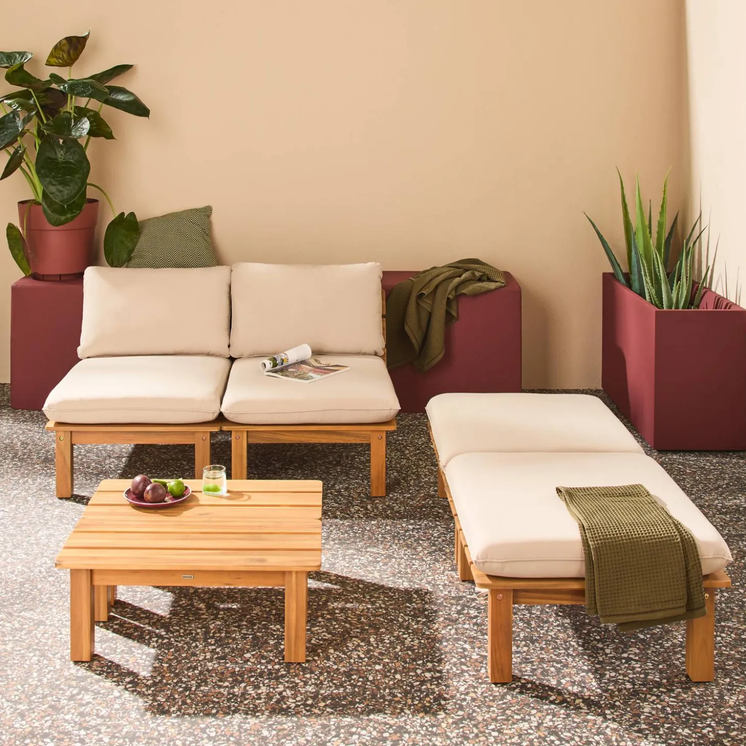 Conjunto de tumbonas modular de madera de acacia multiposición con mesas, set de 2