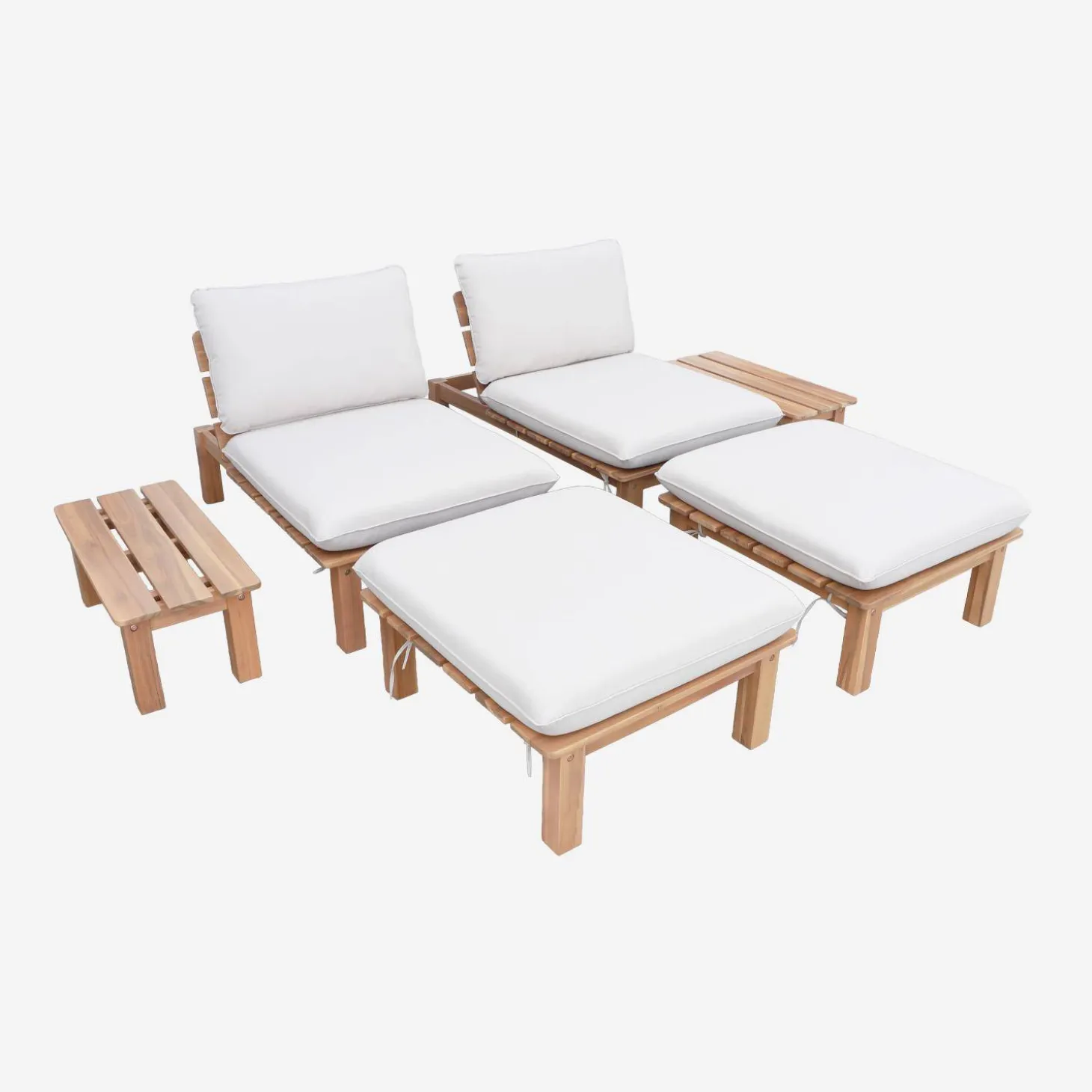 Conjunto de tumbonas modular de madera de acacia multiposición con mesas, set de 2