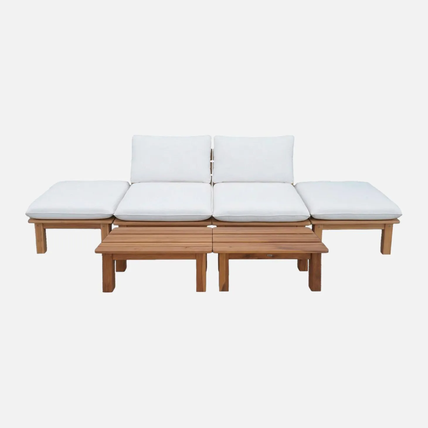 Conjunto de tumbonas modular de madera de acacia multiposición con mesas, set de 2