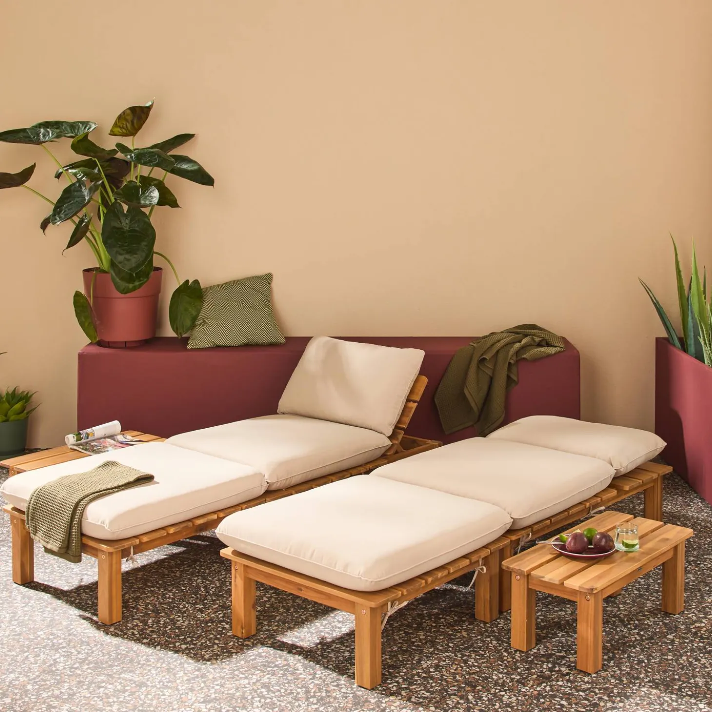 Conjunto de tumbonas modular de madera de acacia multiposición con mesas, set de 2
