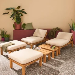 Conjunto de tumbonas modular de madera de acacia multiposición con mesas, set de 2
