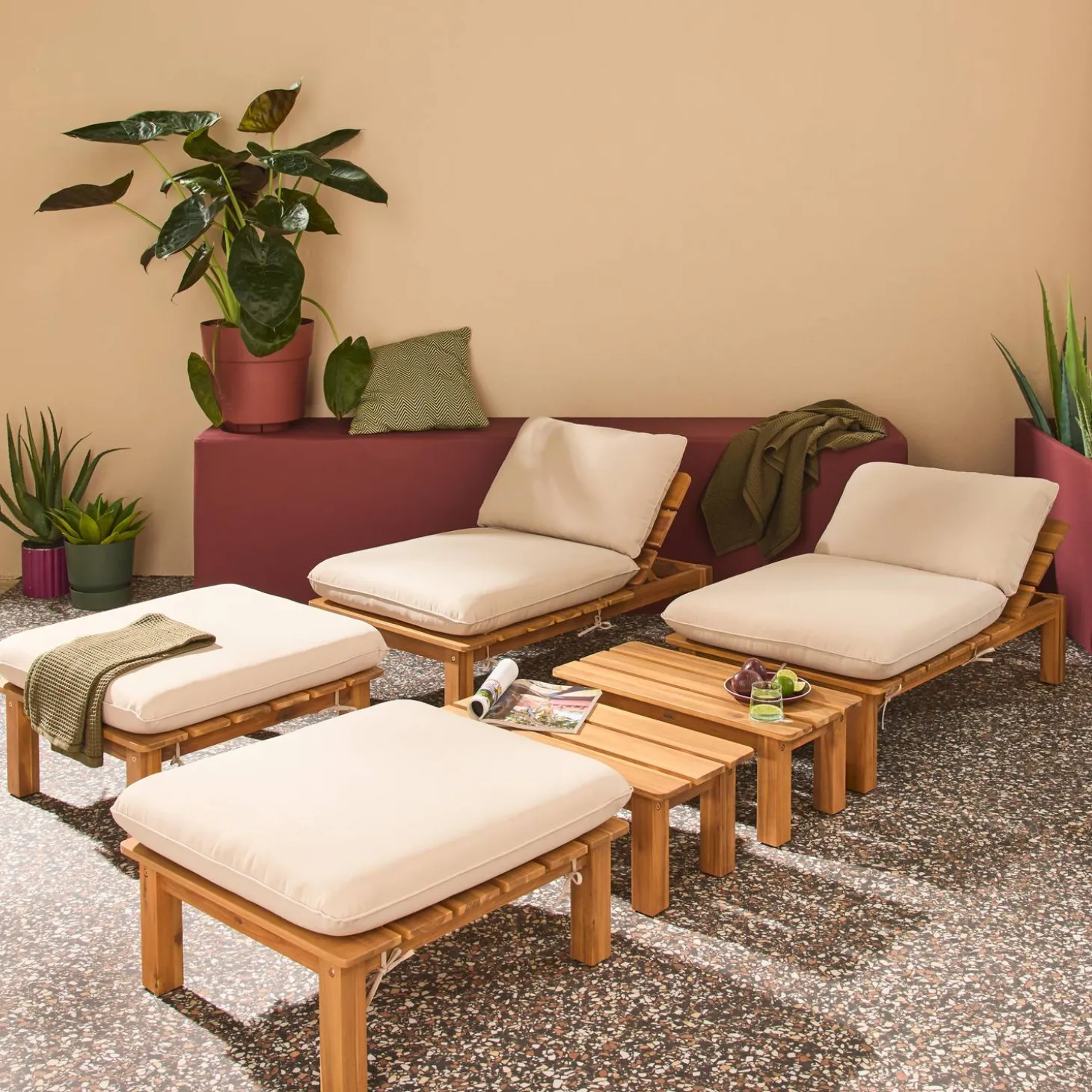 Conjunto de tumbonas modular de madera de acacia multiposición con mesas, set de 2