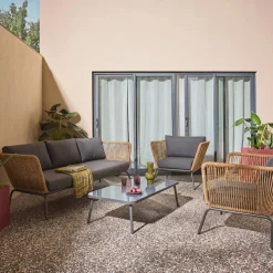 Conjunto de jardín bajos, resina tejida efecto ratán, 5 plazas