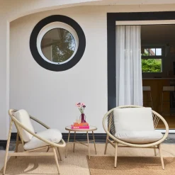 Conjunto de jardín con 2 sillones de ratán y mesa de acero, 2 plazas
