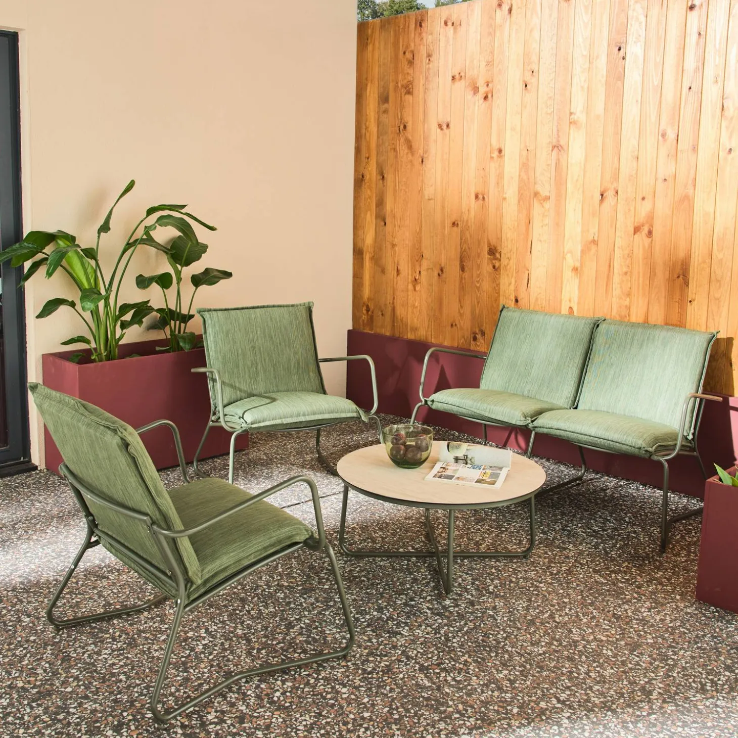 Conjunto de jardín de acero, vidrio y textileno, 4 plazas
