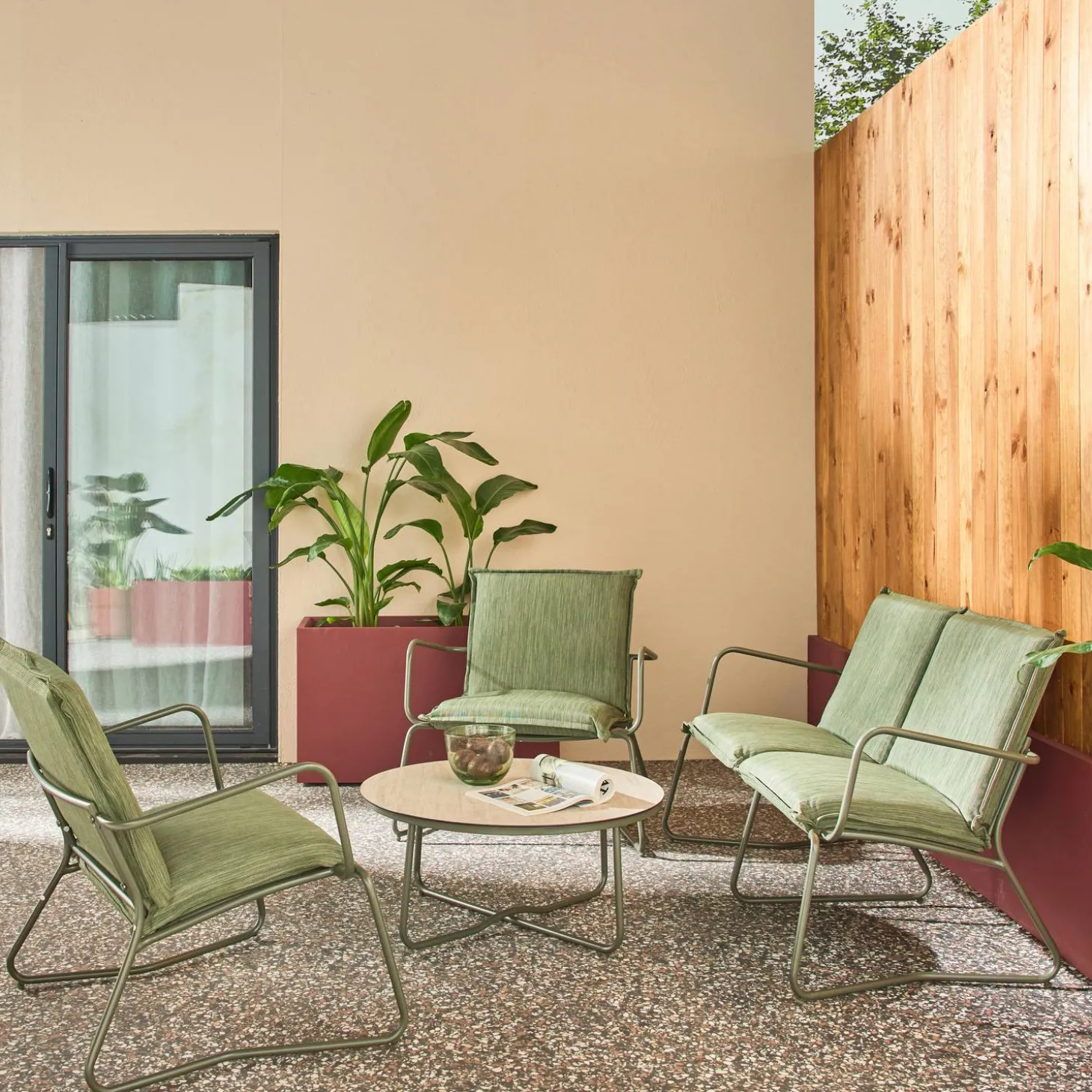Conjunto de jardín de acero, vidrio y textileno, 4 plazas
