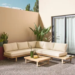Conjunto de jardín de esquina de madera de acacia y aluminio, 5 plazas