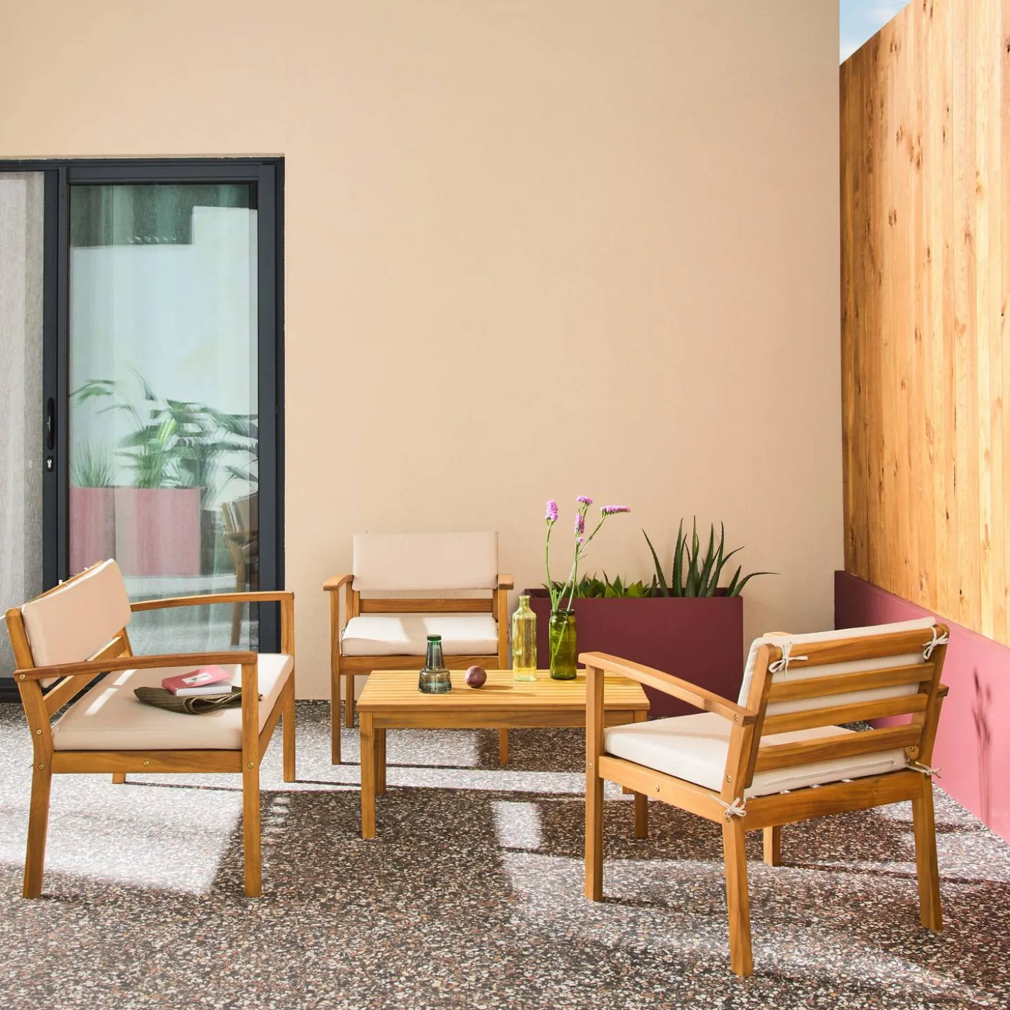 Conjunto de jardín de madera de acacia, 4 plazas