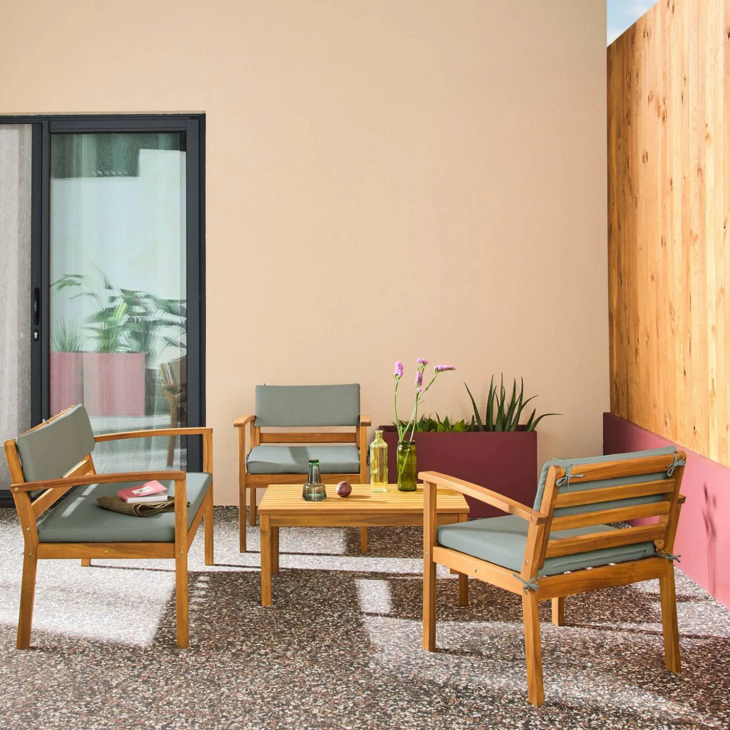 Conjunto de jardín de madera de acacia, 4 plazas