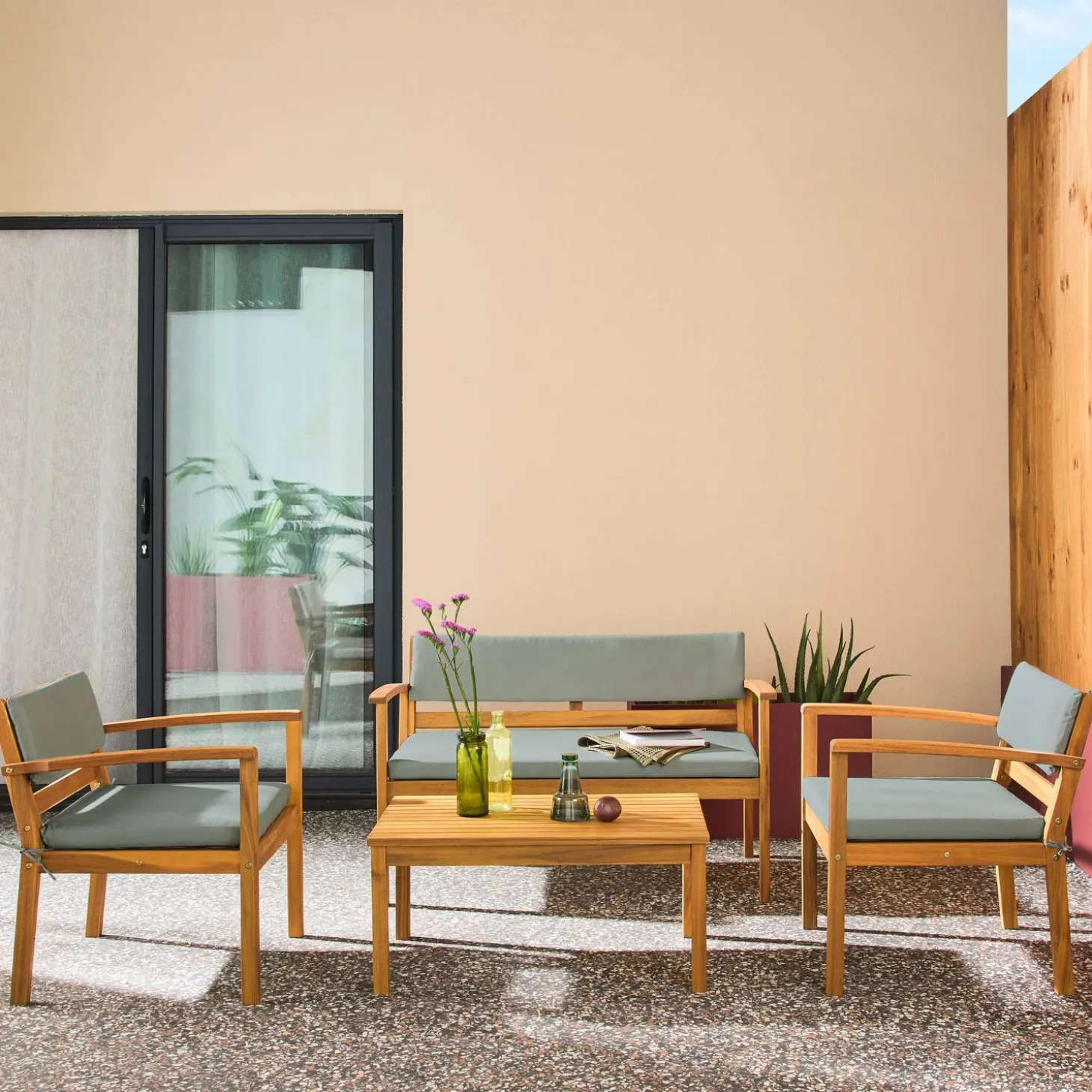 Conjunto de jardín de madera de acacia, 4 plazas