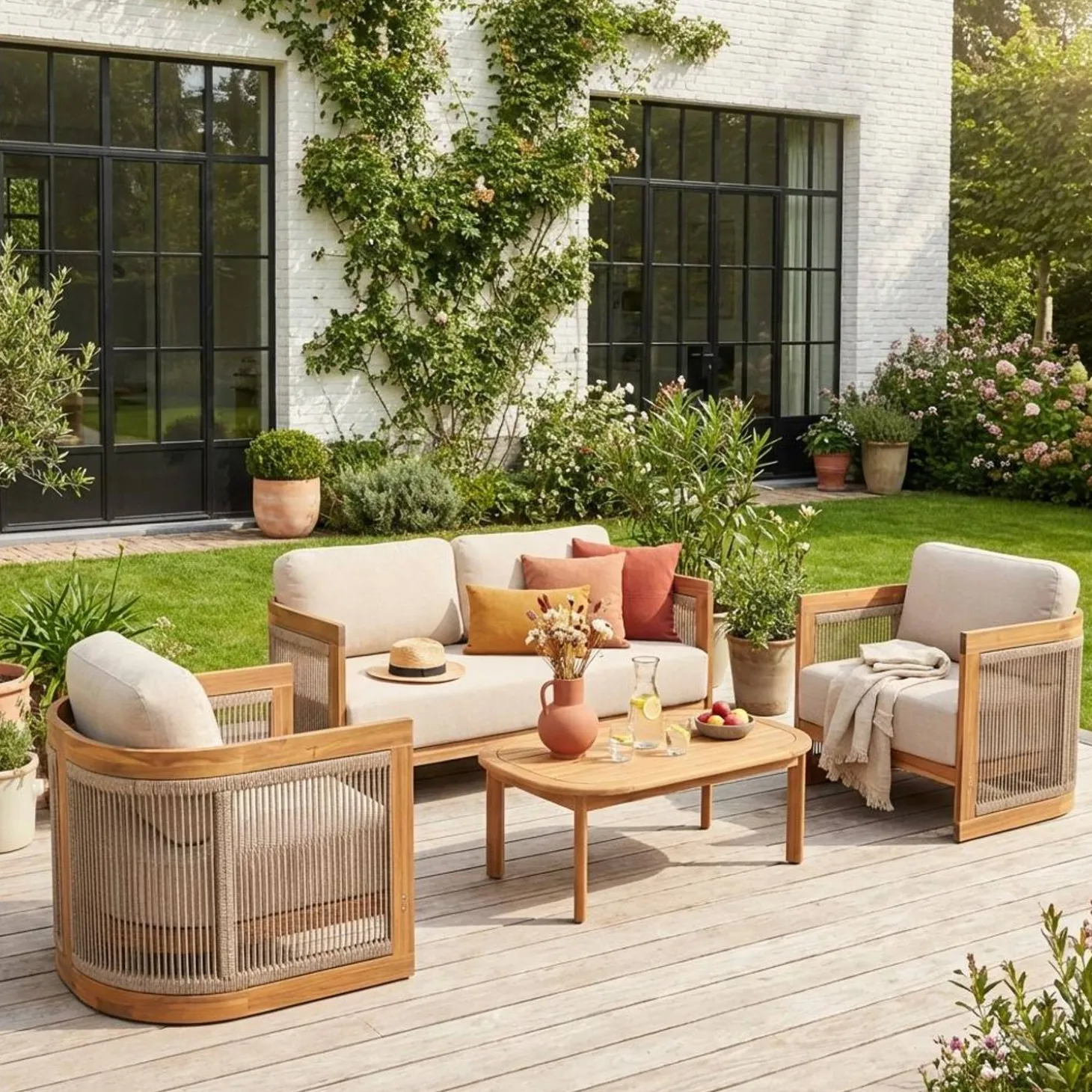 Conjunto de jardín de madera de acacia y cuerdas, 4 plazas