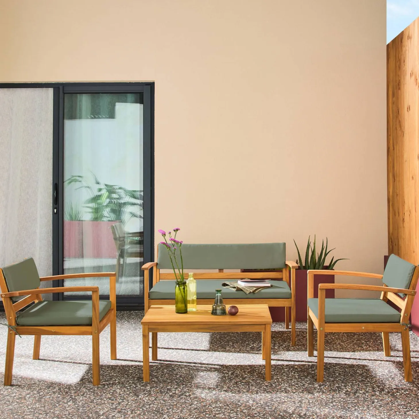 Conjunto de jardín de madera de acacia, 4 plazas