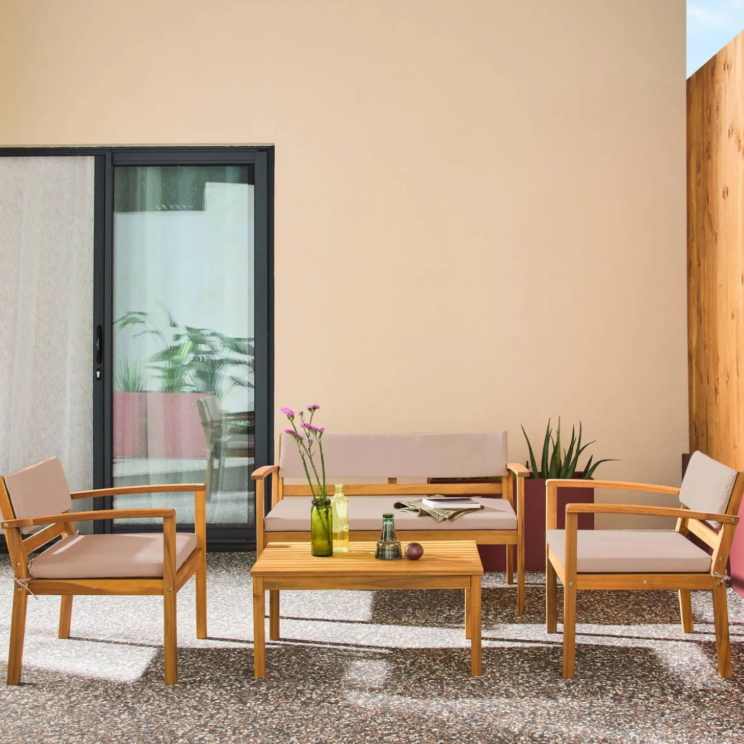 Conjunto de jardín de madera de acacia, 4 plazas