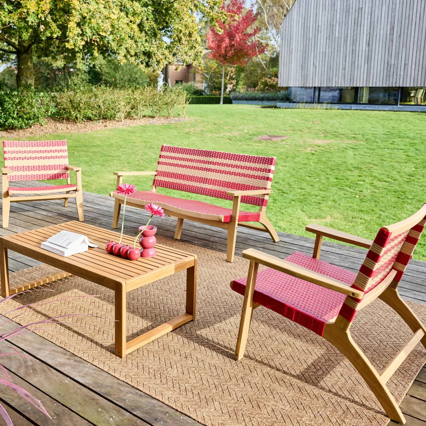 Conjunto de jardín de madera de acacia y resina, 4 plazas