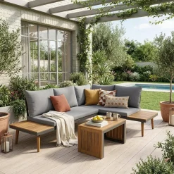 Conjunto de jardín en aluminio y en madera de acacia, 4 plazas