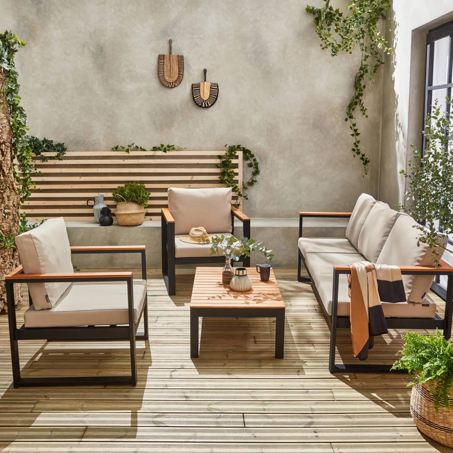 Conjunto de jardín en madera y aluminio, 5 plazas